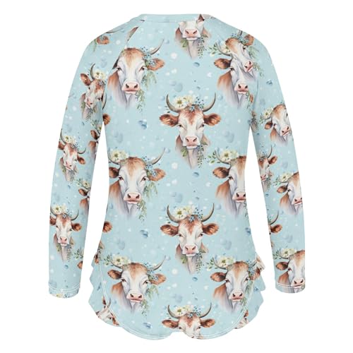 Cow Ox Animal Flowers Girls Long Sleeve Rashguard Swimsuit UV Protection One-Piece Swimwear Bathing Suit B04027723