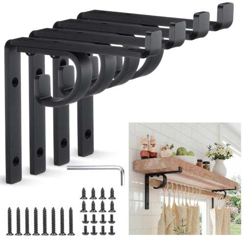 Hicarer 4 Pcs 8-Inch Shelf Brackets with Curtain Rod Holders