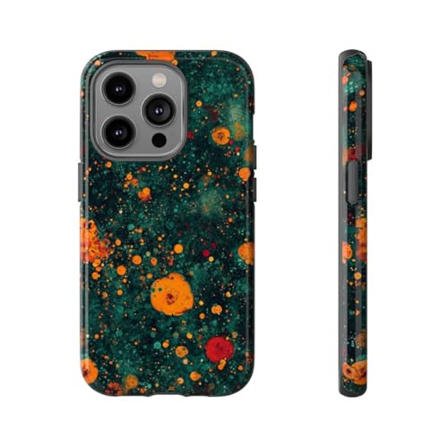 Coque iPhone 14 Pro motif bulles orange et bleu sarcelle rigide brillante