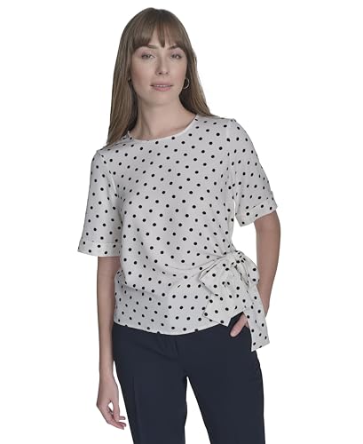 [Tommy Hilfiger] 半袖ドットプリントタイフロントシャツ Short Sleeve Dot Print Tie Front Shirt レディース アイボリー/ミッドナイト X-Small