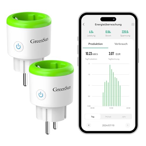 GreenSun Stromzähler für Steckdose WLAN Steckdose Stromzähler für Balkonkraftwerk Stromverbrauchsmesser für Mini PV Stromzähler balkonkraftwerk Sprachsteuerung Zeitschaltuhr Steckdose 1 order 2 Pack