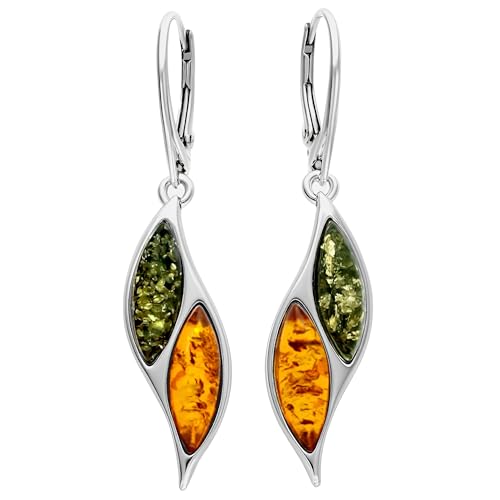 Image of Amber Sterling Silver Earrings - Unusual Mixed Orange Yellow & Green Amber Fancy Dangly Drop. 070029