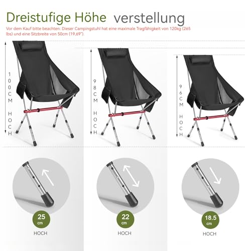 OKYUK Campingstuhl Faltbar，Leichter und Bequemer Camping Stuhl für Outdoor Abenteuer, Tragbarer Campingstühle Klappstuhl，Dreistufige Höhenverstellung, mit Umhängetaschen und Handtaschen (Schwarz)
