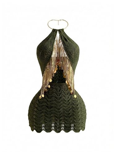 SOLY HUX Women's Summer Crochet Halter Mini Dress Sequin Fringe Backless Hollow Out Knit Bodycon Beach Vacation Dresses Army Green X-Small