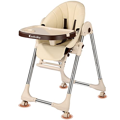 Ezebaby Portable Baby High Chair with Adjustable Height & Recline, Foldable with 4 Wheels - Beige