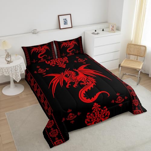 Image of Feelyou Dragon Bedding Set Kids Boys Teens Gothic Damask Paisley Floral Comforter Set King Size Women Bohemian Exotic Duvet Insert Animal Theme Room Decor,Red Black