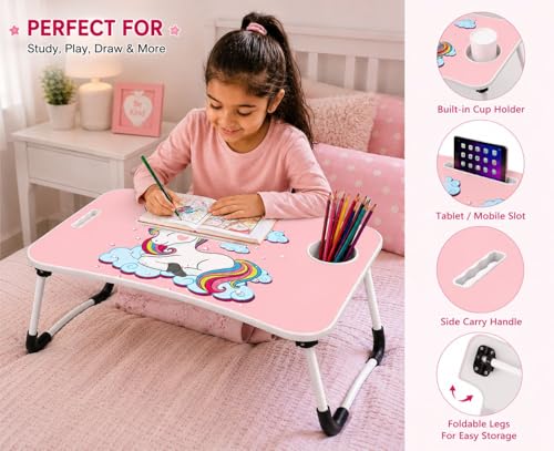 Image of Foldable Laptop Table for Bed with Cup Holder & Tablet Slot, Pink Unicorn Theme Portable Study Table for Kids & Adults, Multipurpose Breakfast Bed Desk for Work, Reading & Drawing