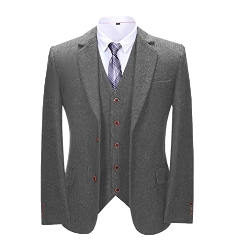 Men's Suits Set Regular Fit 3 Piece Business Jacket Herringbone Wool Tweed Prom Tuxedos Blazer