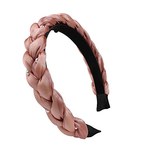 Twist Pearl Headband for Women - Vintage Wide Chiffon Headbands Knotted Alice Hair Band, Braided Elastic Non-slip Ribbon Hairband (Pink)