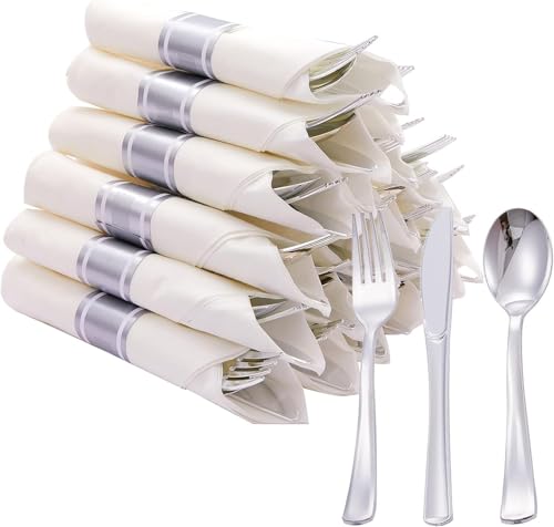 Disposable Cutlery Set with Pre-Rolled Napkin, 7.87 inch Knife, 7.4 inch Fork, 6.89 inch Spoon, Stainless Steel