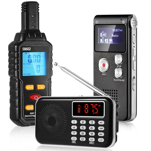 Relaxweex 3 Pcs Ghost Hunting Equipment Kit Includes 1 Pcs 8GB Audio Recorder 1 Pcs Emf Detector Emf Meter Magnetic Field Detector 1 Pcs Fm Radio EVP Recorder for Paranormal Research (Emf Meter1)