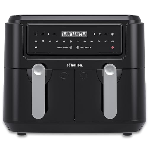 Schallen Black Dual Air Fryer with Twin Double Drawer Frying Trays, Digital, 10 Preset Functions, Low Running Cost and 60 Min Timer | Healthy Oil Free & Low Fat Cooking Machine