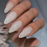 White Silver Glitter Press on Almond Shaped Sparkle Medium Nails - Acrylic Fake Nails for Women, Glue on Medium Length With Bling Glam Designs Stiletto False Nails