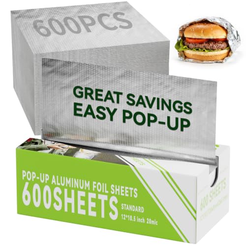 600 Count Pre-Cut Aluminum Foil Sheets, 12" x 10.5" Inch Pre Cut Aluminum Foil sheets for Restaurant Use, Disposable Foil Sheets for Food, Hot Dogs, and Sandwiches