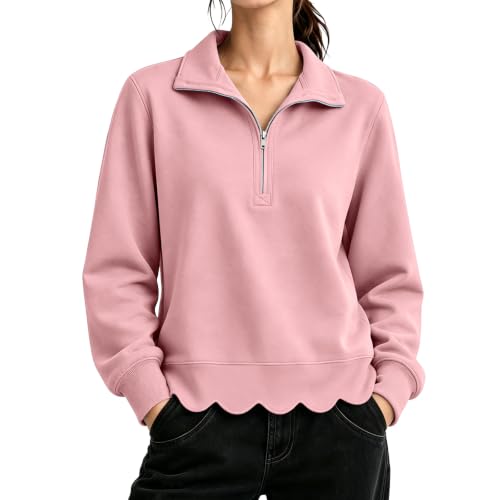 Cropped Scalloped Sweatshirt Women Fleece Cute Quarter Zip Pullover Women - image 6