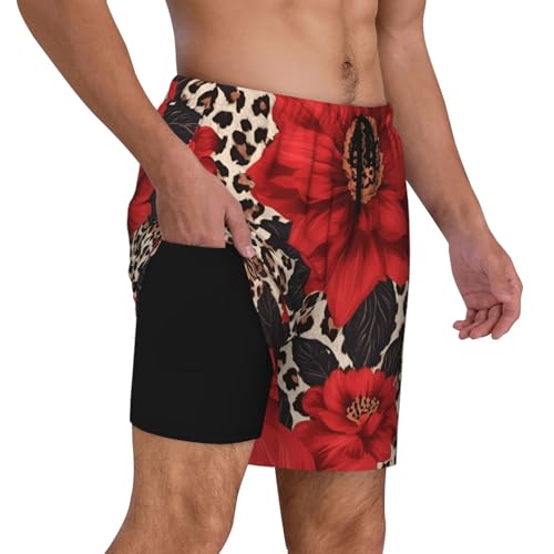 Red Flower Leopard Print Men Stylish Functionality Swim Trunks Breathable Beach Shorts Surfing Gym Fishing3