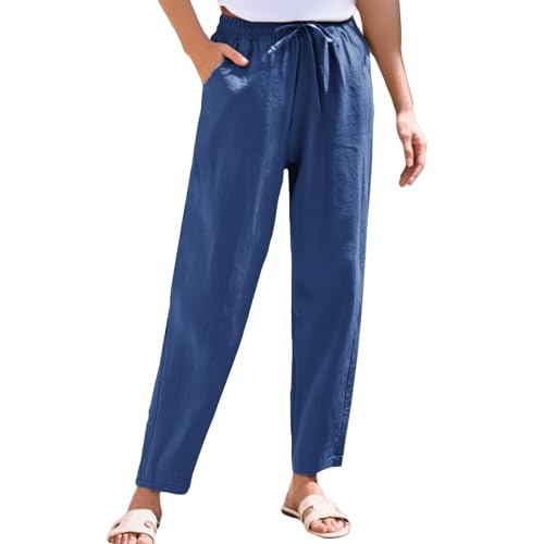 Cropped Linen Pants Women Summer Elastic Drawstring Waist Tapered Straight Leg Crop Pants Casual Beach Ankle Trousers2
