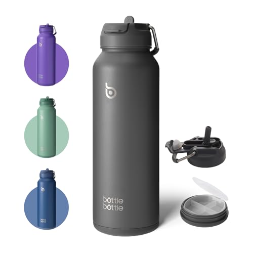 BOTTLE BOTTLE Insulated Water Bottle with Straw 1180ml(40oz) Sports Stainless Steel Water Bottles with Handle Lid Outdoors Drink Flask for Pills (gray)