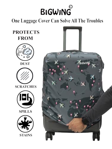 Image of BIGWING Protective Cover in Polyester Fabric with Map Print for | Medium Size 24' inch | Hard Luggage Trolley Bag Cover (Fits Only On Fiber - Plastic Trolley Bag) Grey Color
