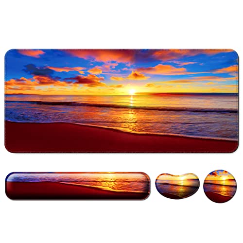 Keyboard Wrist Rest and Desk Mouse Pad with Wrist Support (4 PCS Set), Large Gaming Extended XXL Desk Pad Table Mat,Mousepad with Ergonomic Wrist Rest for Desktop Computer -Sunset Beach