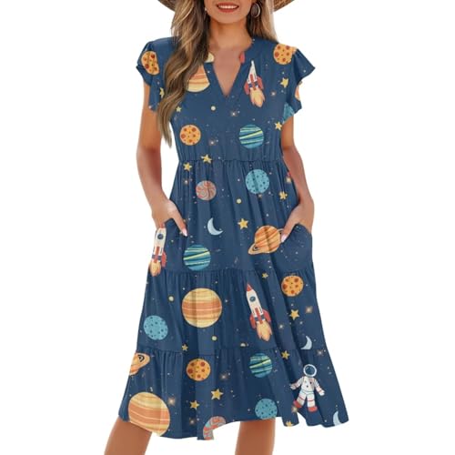 Image of Womens Summer Dress Ruffle Sleeve V Neck Dress Casual Fit Flowy Beach Vacation Sundress with Pocket S-2XL
