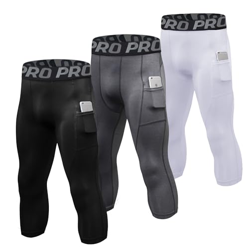 YUSHOW 3 Pack 3/4 Men's Compression Pants Tights Athletic Running Workout Leggings Quick Dry Sports Baselayer