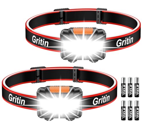 Gritin Lampe Frontale, [Lot de 2] Torche Frontale LED Puissante, 3 Modes d'éclairage, Réglable et Léger, IPX5 Étanche pour Course/Camping/Cyclisme/Randonnée, 6...