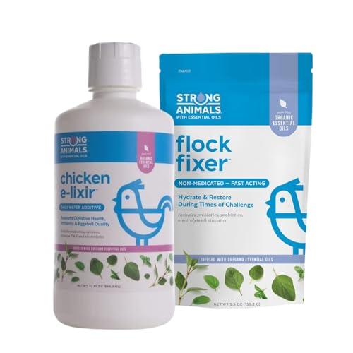 Strong Animals Chicken E-lixir (32oz) & Flock Fixer (5.5oz) - Chicken Vitamins for Water with Prebiotics & Electrolytes for Daily Use & Times of Challenge, for Digestion, Hydration & Eggshell Quality