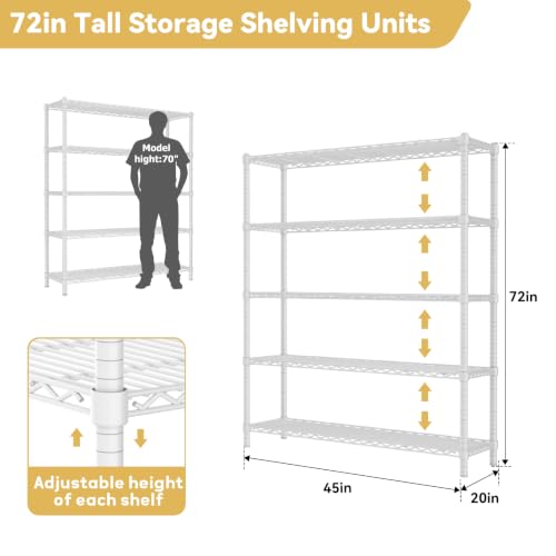 Image of Storage Shelves Heavy Duty, 45 inch W x 20 inch D x 72 inch H Garage Shelving Unit Loads 2000LBS, 5-Tier Adjustable Metal Utility Rack, Wire Shelf for Kitchen, Laundry Room, Pantry, Warehouse, Basement