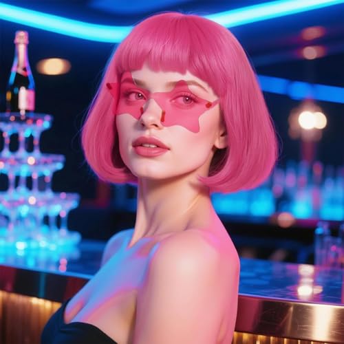 Image of ANOGOL Rose Red Bob Wig with Bangs Pink Wigs for Women Colored Wigs Party | Hair Cap+ Sunglasses Short Neon Wig Bachelorette Party Funny Outfit Pink Costume Women Halloween Night Club Crazy Hair Day