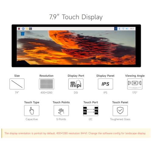 Image of waveshare 7.9inch Capacitive Touch Display Compatible with Raspberry Pi 5 /4B /3B+ /3A+ /CM3 /3+ /4 400x1280 Resolution IPS DSI Interface