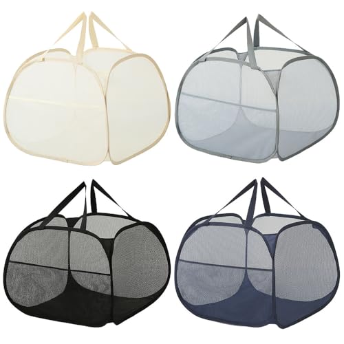 LATERONON 4 Pcs mesh laundry basket, Laundry Basket with Durable Handles,Foldable Pop-up Mesh Hamper Dirty Clothes Basket for Clothes & Laundry-Home Organization (4, Black/Blue/Beige/Gray)