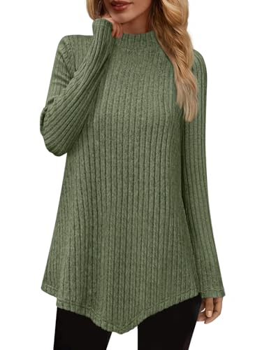 JUSTFASHIONNOW Womens Fall Tunic Tops Long Sleeve Shirts for Women Turtleneck Lightweight Sweaters Asymmetrical Hem Tops