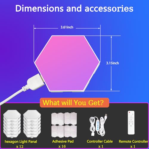 Image of RGB Hexagon Wall Lights, 12 Pack Smart LED Panel Lights with App & Remote, Music Sync, DIY Shapes for Living Room, Bedroom, Gaming Room