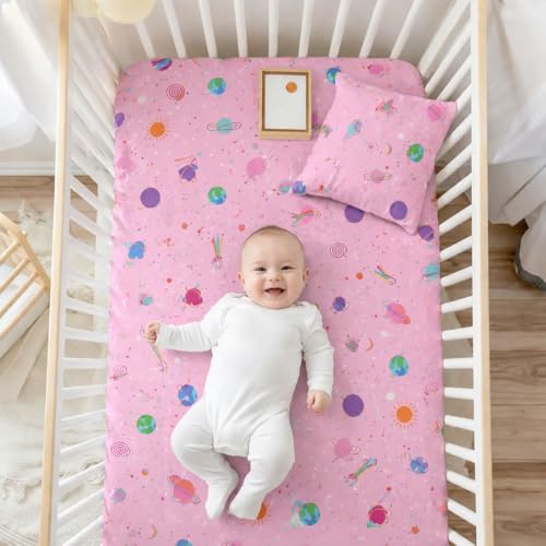 Image of Fitted Cot Crib Sheet | Bed Sheets for Newborn Baby Crib Mattress | Deep Pocket All Round Elastic Fitted Crib Sheet for Baby| Size 132 cm x 71 cm | Crib Sheets - 28 inchx52 inch | Dreamy Galaxies