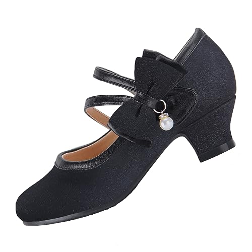 EIGHT KM Girls High Heel Dress Shoes Mary Jane Princess Wedding Party Pump Shoes EKM7035 Sparkle Glittery Minerva Pearl Bow Black US Toddler Size 9