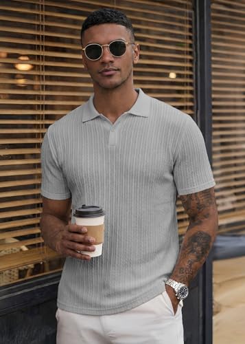 Image of JMIERR Mens Casual Polo Shirt Summer Short Sleeve Vacation Button Beach Knit Stretchy Golf Shirts
