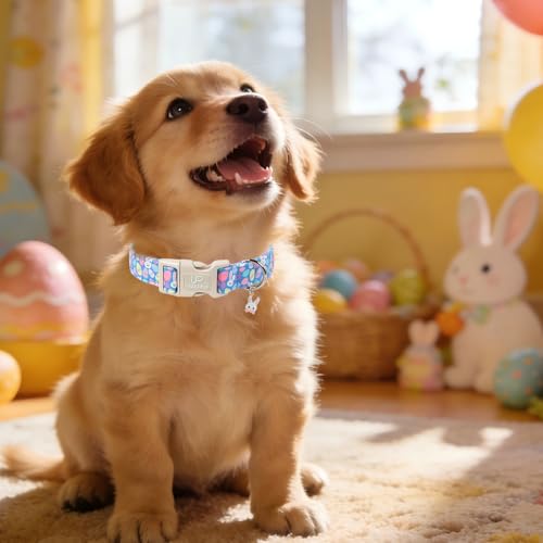 Image of Easter Day Dog Collar, UP URARA PUP Easter Bunny Adjustable Pet Collar with Quick Release, Colorful Rabbits Dog Collars for Small Medium Large Dogs