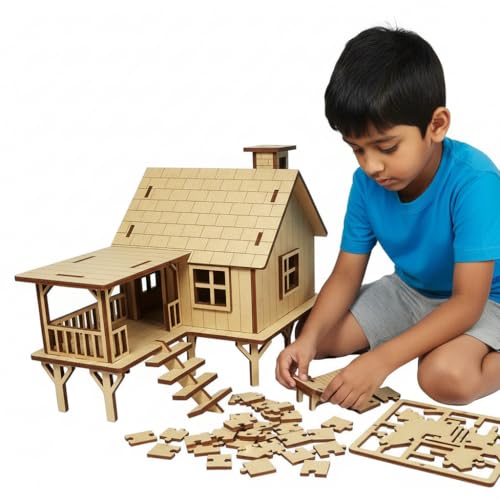 Image of DIY Wooden 3D Toy for Boys 7 to 10 Years, FunWooden House Puzzle for Kids and Adults, Easy-to-Assemble Building Toy, Great School Project and Home Decor Gift
