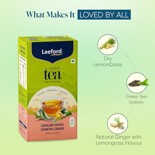 Image of Leeford Ginger Lemongrass Green Tea 30 Tea Bags (Pack of 2) | All Natural Flavour | Zesty Immunity Booster | Antioxidant Powerhouse | 100% Natural Digestion Aid | Brews Best with Added Honey | Milk-Free & Fuss-Free