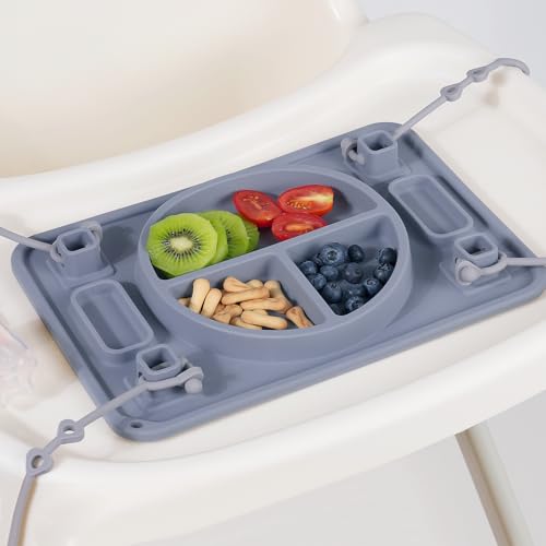 Strong Suction Baby Placemat, STARTURFLYU Silicone Toddler Plate with 4 Toy Straps & Anti-Peel Design, Dishwasher Safe Travel-Friendly Sensory Mat for High Chair, Airplane, Baby Led Weaning (Gray)