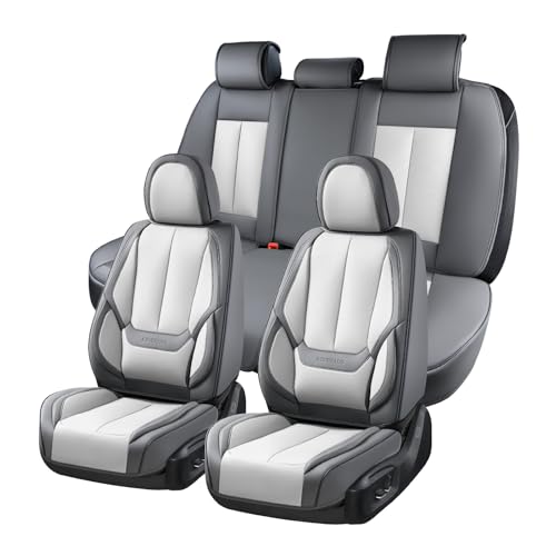 Coverado Car Seat Covers Full Set, Seat Covers for Cars, Car Seat Covers Front Seats and Back Car Seat Protector Waterproof, Leather Car Seat Cushion Universal Fit for Most Cars Gray-White