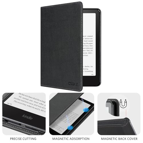 Image of CoBak Case with Stand for Kindle Paperwhite 12th Gen 2024 Released (7 inch) & Kindle Colorsoft Signature Edition - Durable PU Leather Cover with Auto Sleep Wake, Card Slot, Hand Strap Feature, Black