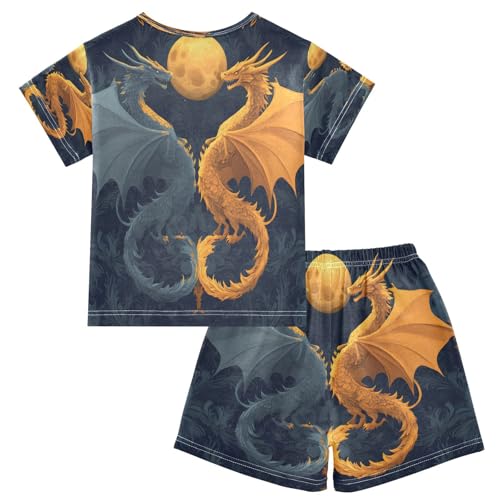 ALAZA Blue Yellow Dragon Pajamas Set Short Sleeve Cotton Sleepwear Summer Pjs 2 Piece 5-14Y2