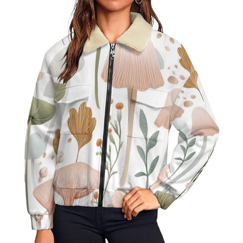 Chaqueta de Peluche para Mujer con Cremallera y Estampado de Setas Abrigo Sherpa de Invierno
