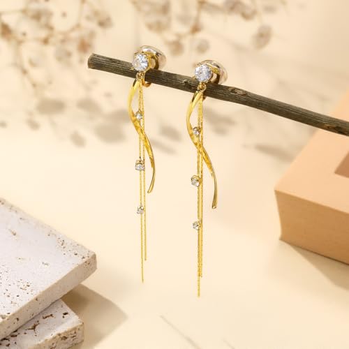 Clip on Earrings for Women 14K Gold /925 Sterling Silver Plated Cubic Zirconia Long Tassel Dangle Drop Earrings for Women Non Pierced Earrings Jewelry Gifts Wedding Party4