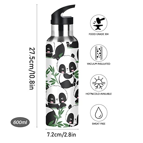Panda Bamboo Leaves Bear Water Bottle Drink Flask with Straw Lid Insulated Stainless Steel Thermos Bottle for Boys Girls Gym Sports Leakproof 600 ml - Image 3