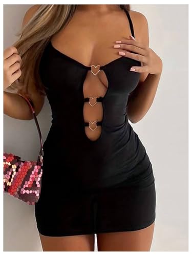 Image of BEAUDRM Women's Y2K Sexy Cut Out Dress Spaghetti Strap Slim Fitted Mini Dress Heart Cami Bodycon Dresses