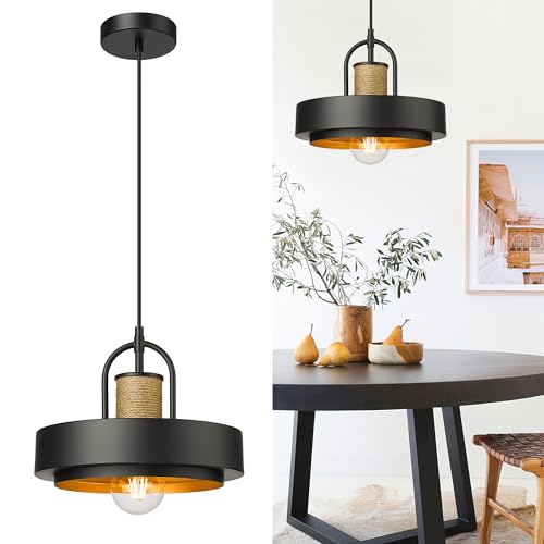 Black Pendant Light Fixture, HWH 1-Light Barn Hanging Lighting 12-Inch, Farmhouse Pendant Lights for Kitchen Island, Hemp Rope Coastal Lighting, 5HJF84MIL BK