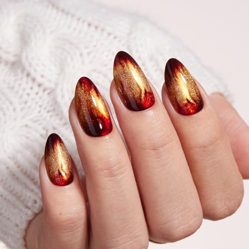 VSALON Press on Nails Short Almond - Golden Spakly Cat Eye Glitte...